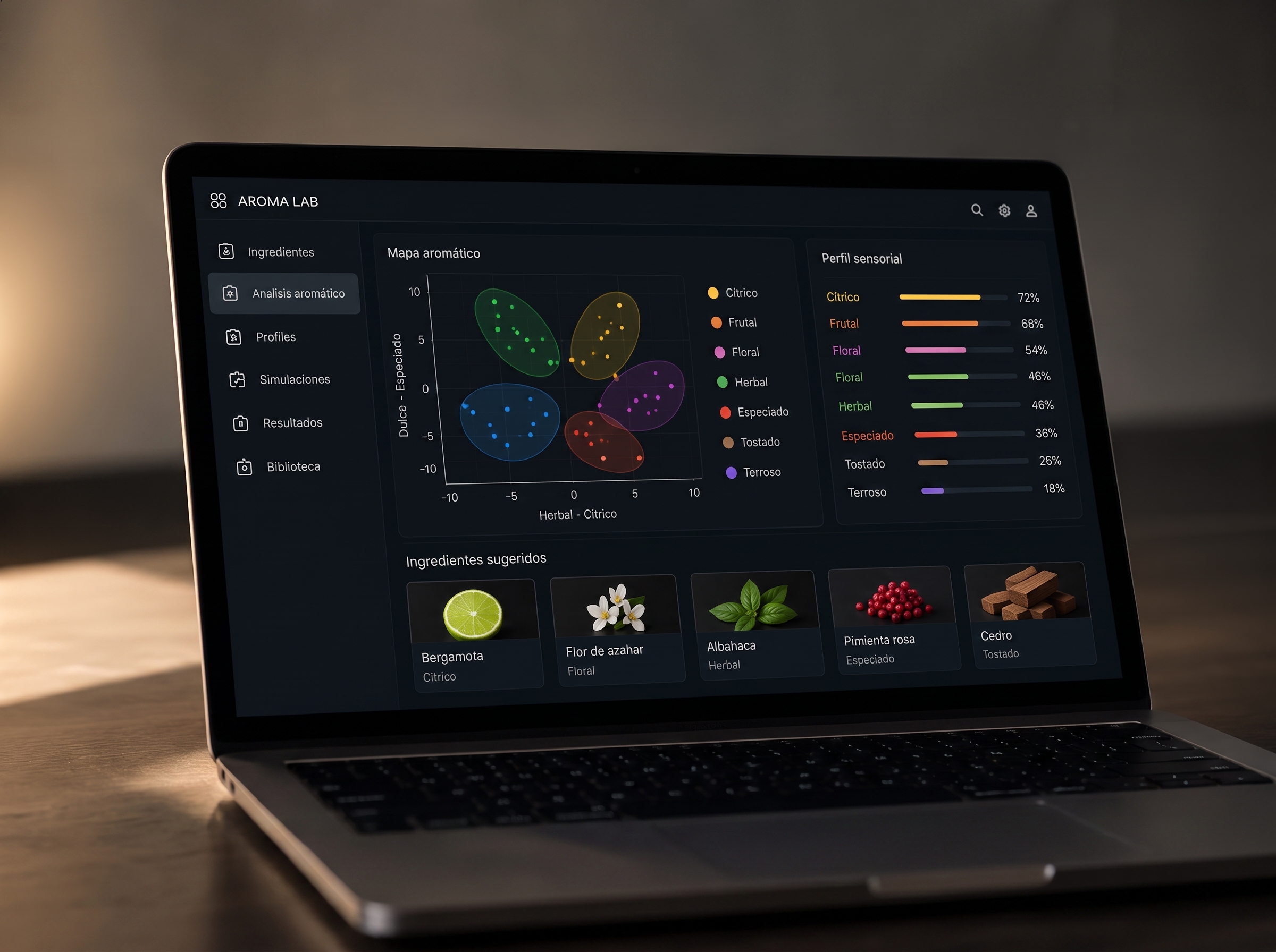 Portátil mostrando perfiles de sabor y fichas de ingredientes del software de MTW