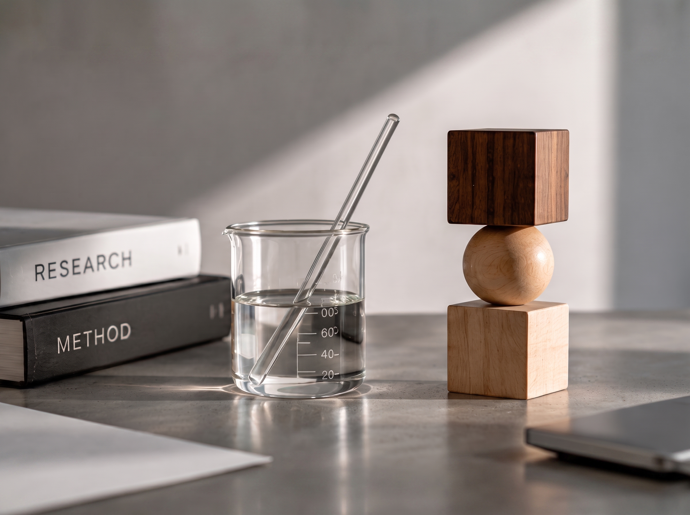 Vaso de laboratorio y bloques de madera apilados junto a un libro de método