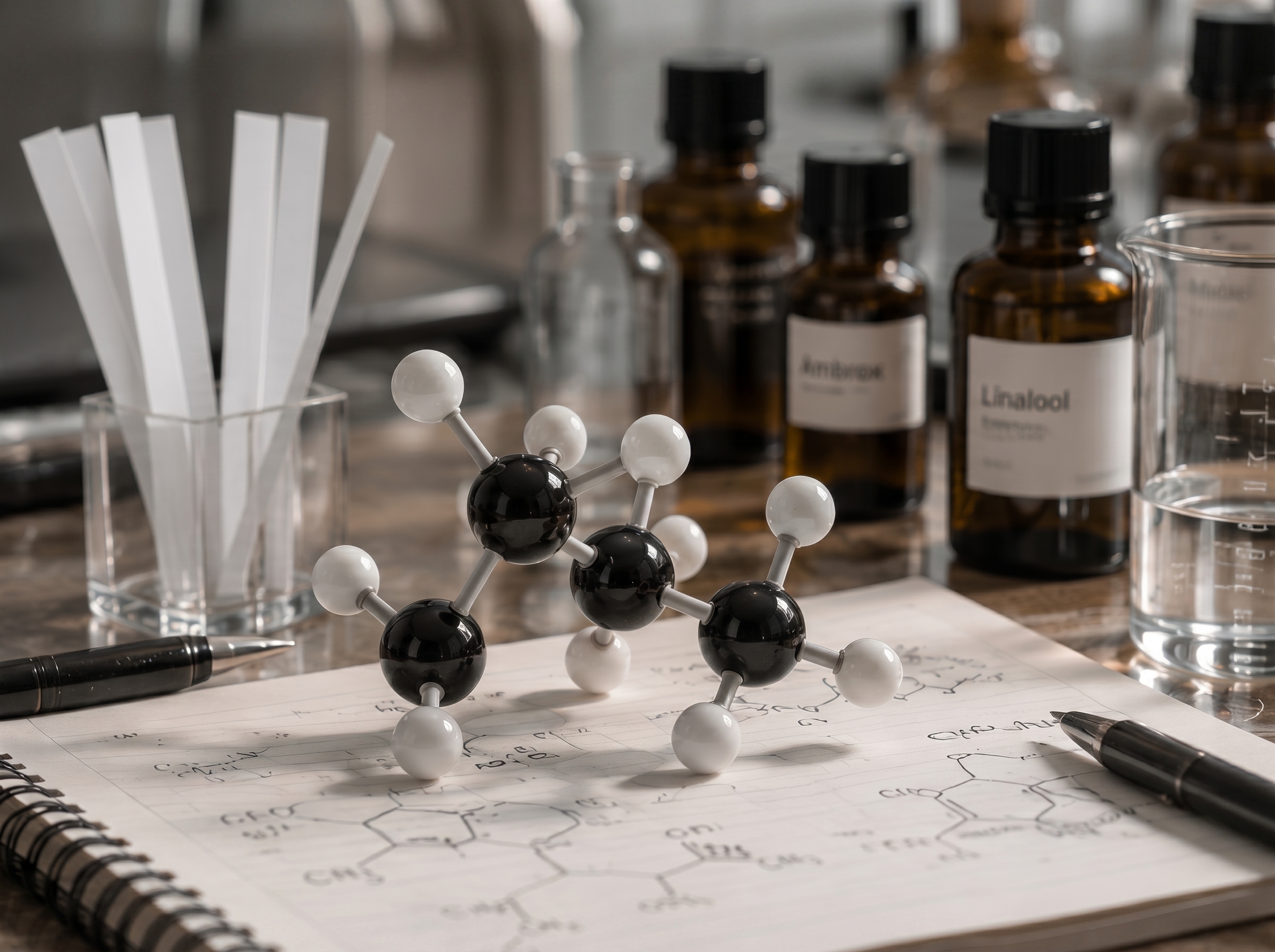 Modelo molecular sobre un cuaderno de fórmulas, módulo de Research Method