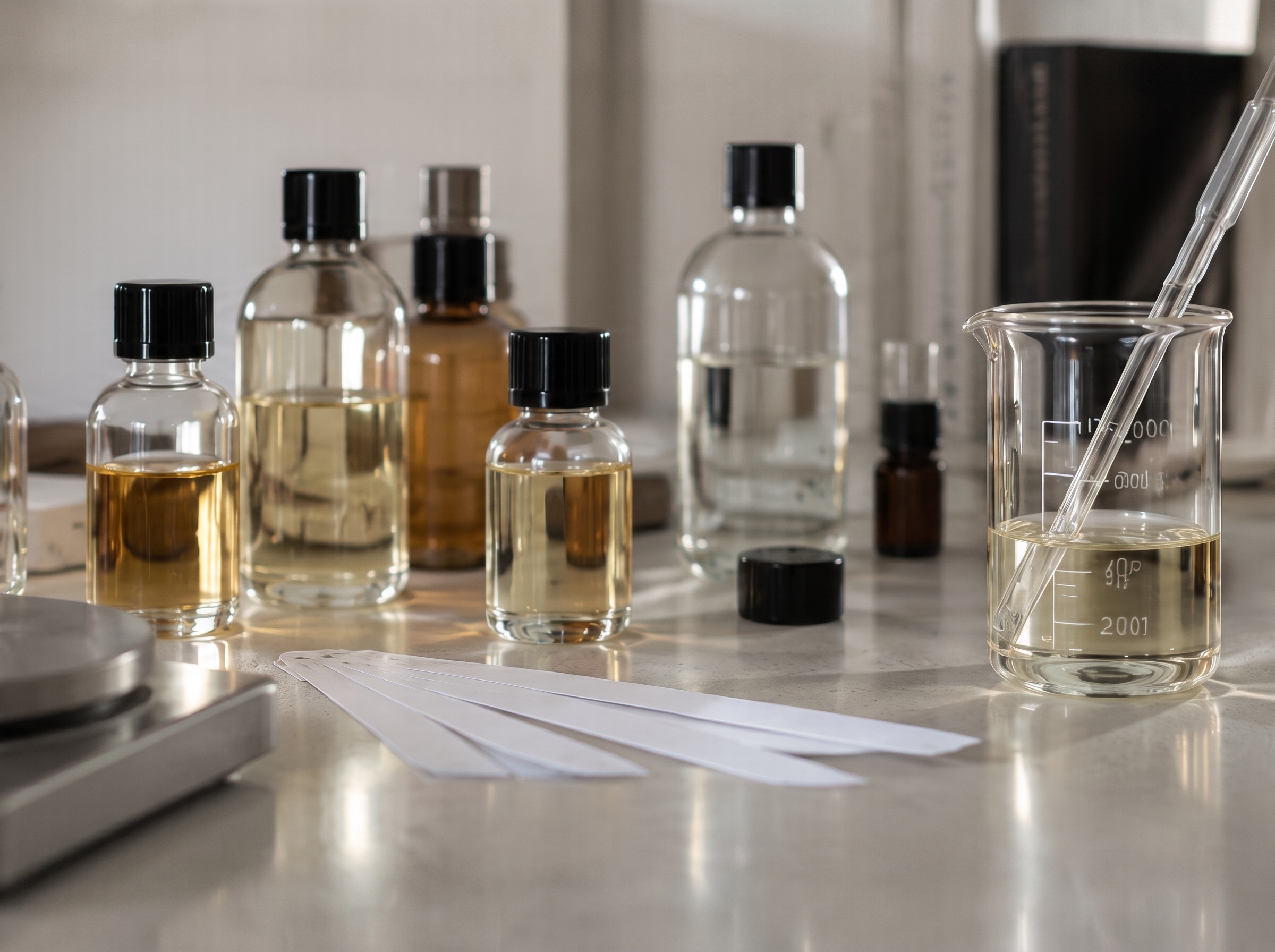 Frascos de perfumería y tiras olfativas sobre una mesa de laboratorio