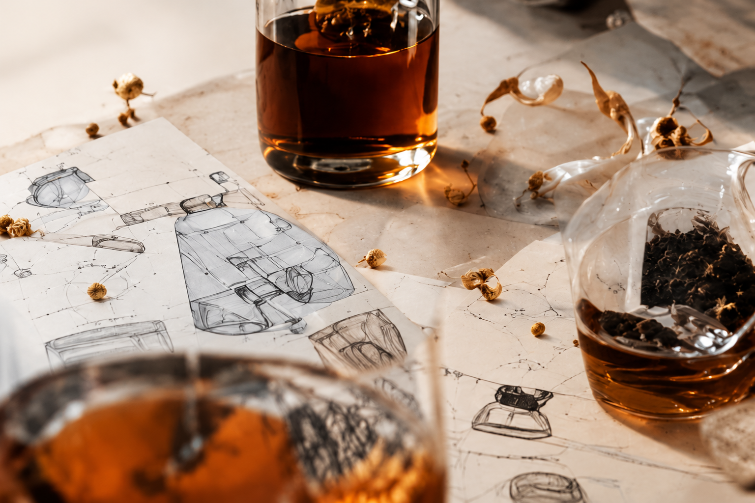 Vasos con destilado ámbar y bocetos sobre mármol, módulo de Concept Design