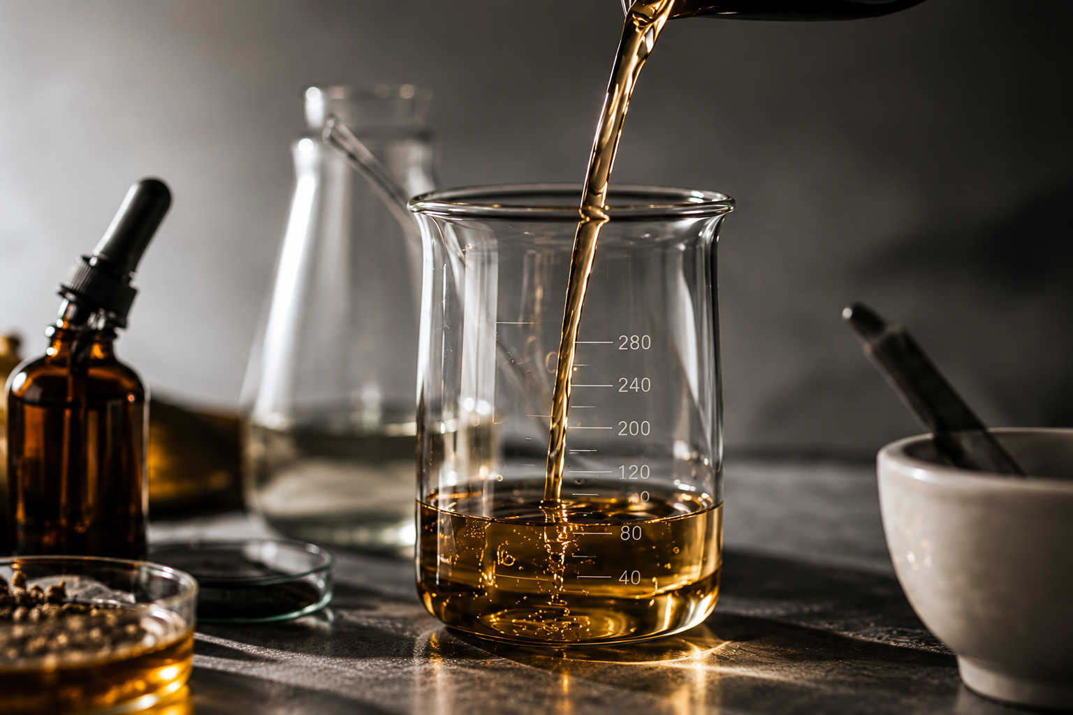 Líquido ámbar vertido en un vaso de precipitados, módulo de Liquid Translation