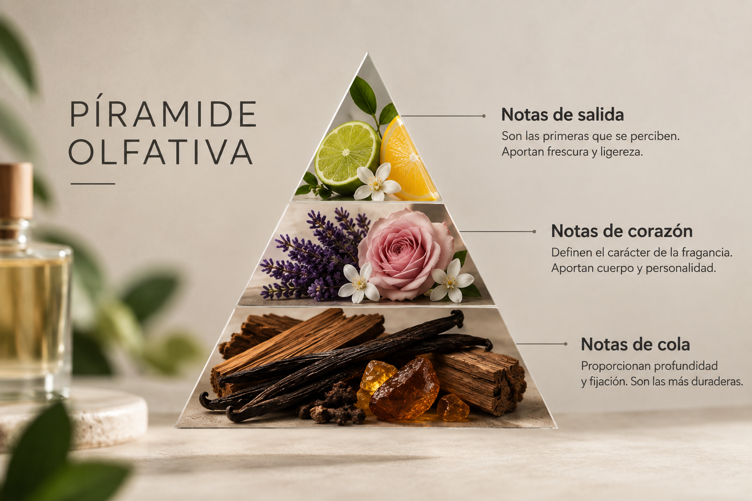 Lámina de la pirámide olfativa con notas de salida, de corazón y de cola