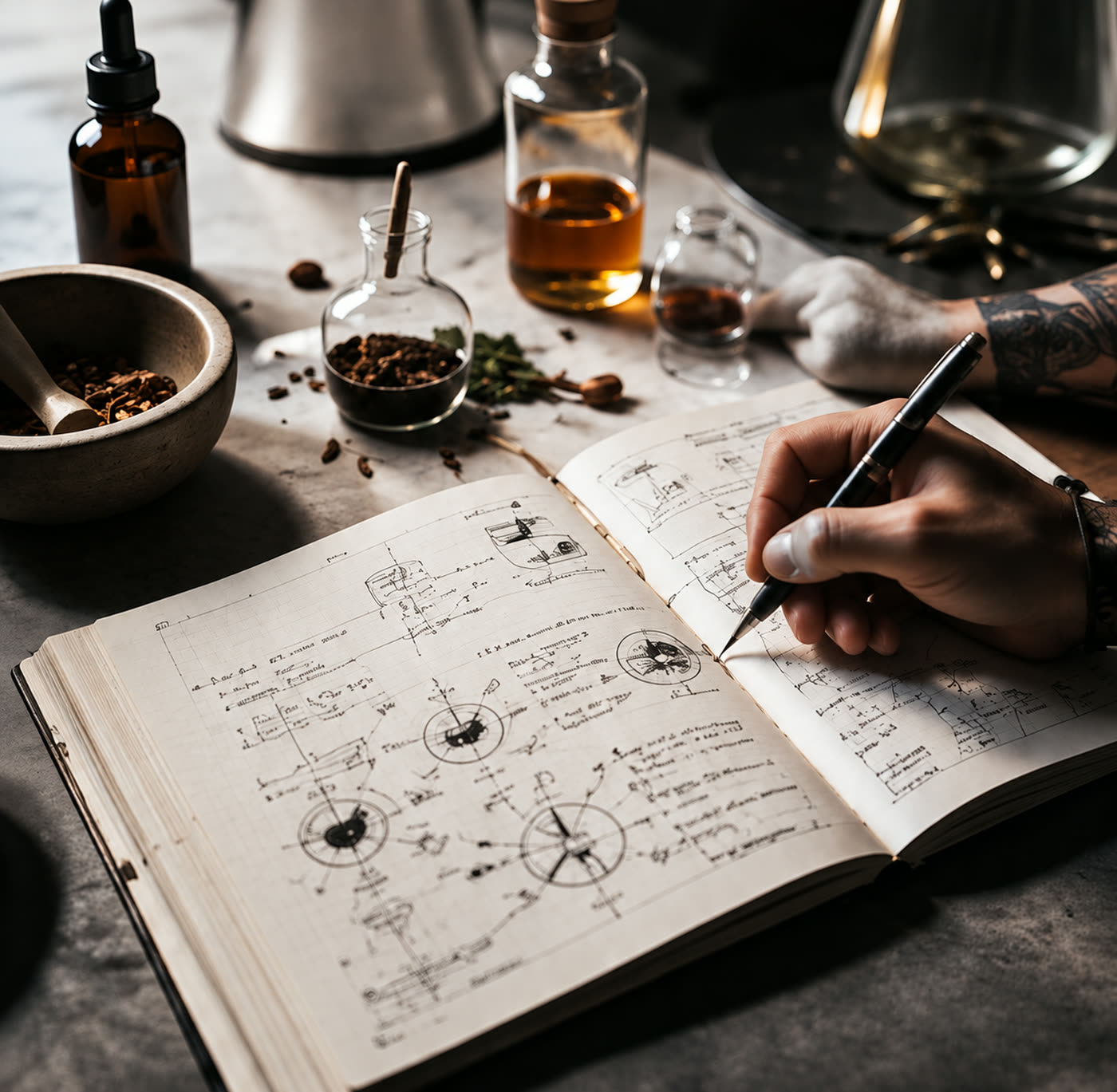 Cuaderno con esquemas de creación de cócteles sobre una barra