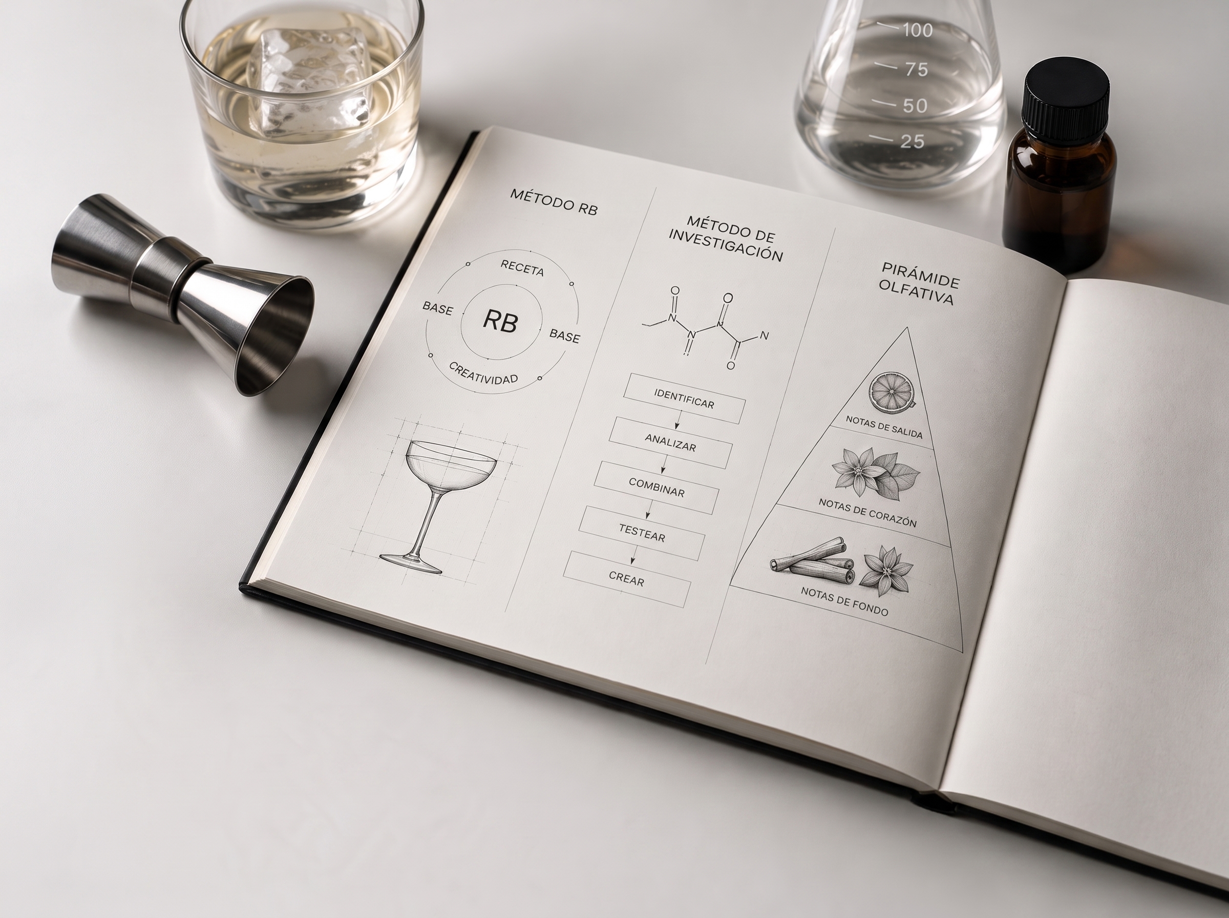 Cuaderno con esquemas del proceso creativo junto a un frasco cuentagotas y un medidor