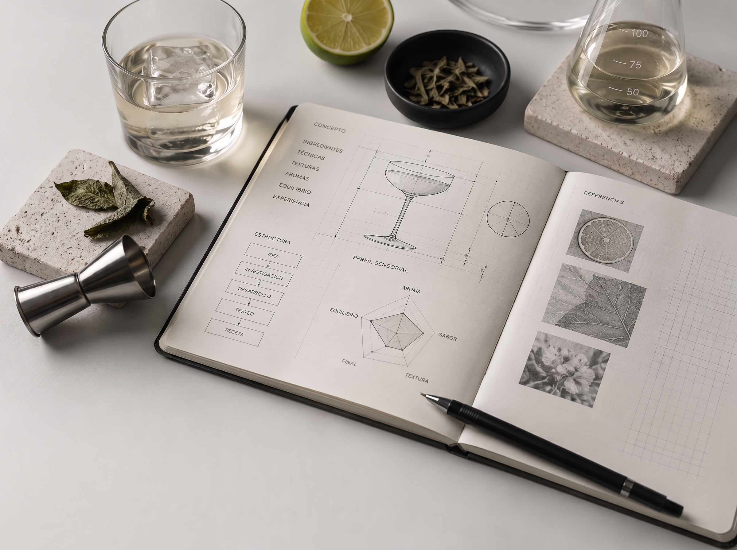 Cuaderno con bocetos de copas y notas de trabajo junto a un vaso medidor y una lima